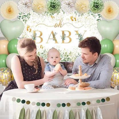 Sage Green Baby Shower Decorations, Oh Baby Neutral Gender Reveal Party Decor Kit With Backdrop, Balloons, Pom Poms, Tassels Garland, Mom To Be Sash & Circle Dots Garland For Baby Girls Boys