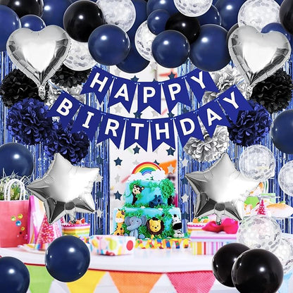 ZERODECO Birthday Party Decorations for Men, Black Navy Blue Silver Happy Birthday Banner Pompoms Balloon Arch Fringe Curtain Party Décor for Men Boys Women Girls Party Decorations Kit