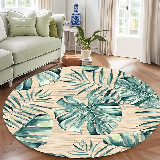 Tropical Leaf Round Area Rug 5ft - Green Beige Watercolor Design Indoor Carpet, Soft Non-Slip Floor Mat for Living Room Bedroom Office, Easy Clean Modern Decor
