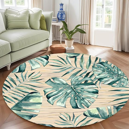 Tropical Leaf Round Area Rug 5ft - Green Beige Watercolor Design Indoor Carpet, Soft Non-Slip Floor Mat for Living Room Bedroom Office, Easy Clean Modern Decor