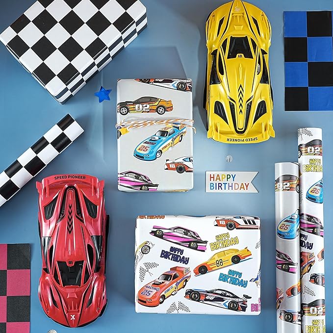 WRAPAHOLIC Racing Car Birthday Wrapping Paper - Mini Roll - 3 Rolls - 17 Inch x 120 Inch - Checkered Flag Car Wrapping Paper for Kids Boys Birthday, Baby Shower