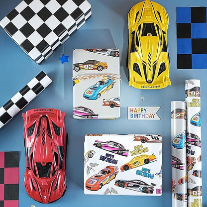 WRAPAHOLIC Racing Car Birthday Wrapping Paper - Mini Roll - 3 Rolls - 17 Inch x 120 Inch - Checkered Flag Car Wrapping Paper for Kids Boys Birthday, Baby Shower