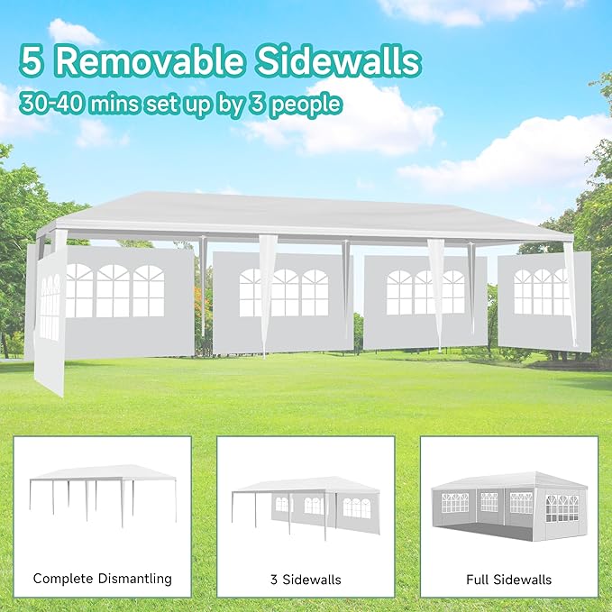 10' x 30' White Canopy Tent with 5 Removable Sidewalls, Outdoor Patio Gazebo with Transparent Windows, Shade Shelter Tents Ideal for Birthdays, Events, Parties, Weddings, Gatherings, BBQ