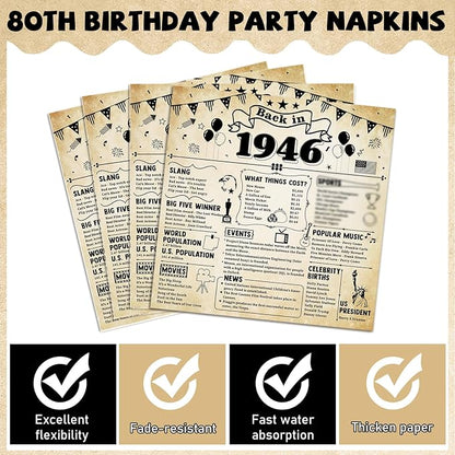 CHUNNIN 96Pcs 80th Birthday Plates and Napkins Back in 1946 Party Decorations Vintage 80 Year Old Party Dessert Plates 1946 Birthday Tableware for 24 Guests 80th Theme Men Woman Bday Parties Supplies