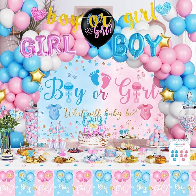 170 PCs Baby Boxes Gender Reveal Decorations, Hombae Boy or Girl Gender Reveal Decorations What Will Baby Be Backdrop Balloon Garland Banner Tablecloth Cake Cupcake Topper Cutout Poster Sash Pink Blue