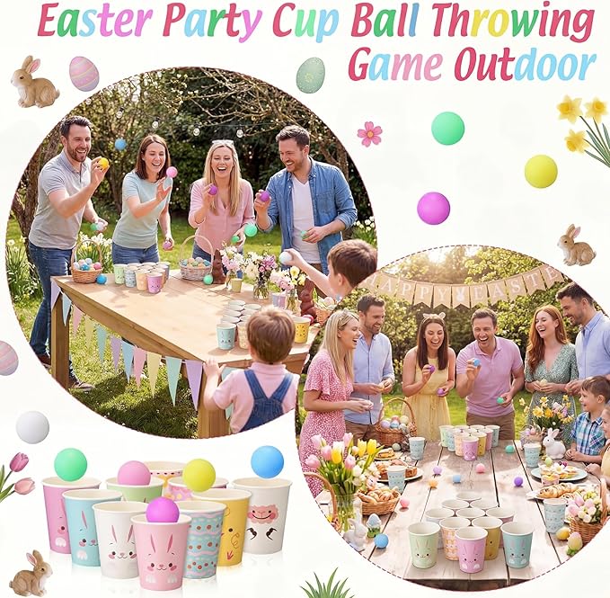 Hollowfly Bunny Party Game for Family 50 Bunny Paper Cups 24 Pastel Balls Animal Rabbit Activities Spring Carnival Throwing Toss Game for Birthday Gatherings Baby Shower Outdoor Indoor Party Supplies