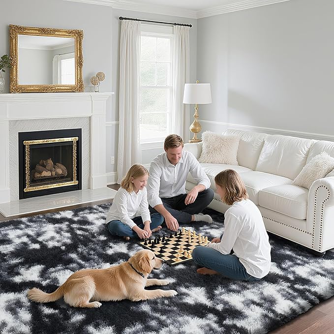 yongyangjuxin Fluffy Rug Shag Area Rug, Mottling Black 9x12 Area Rugs for Living Room, Large Shag Area Rugs for Bedroom Kids Room Home Decor, Upgrade Anti-Skid Rectangular Fuzzy Rugs