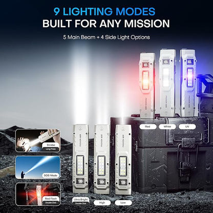 EDC Tactical Flashlight, Flat Flashlights Rechargeable,Dual-Switches LED Small Flashlight with Digital Display,Stainless Steel 8 Modes Pocket Flash Light for Home, Camping,and Emergency Use