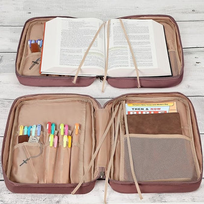 FINDCOZY Bible Cover for Women, Durable Carrying Book Case Church Bag for Biblical Accessories with Handle and Zippered Pocket,Rosewood-Pink