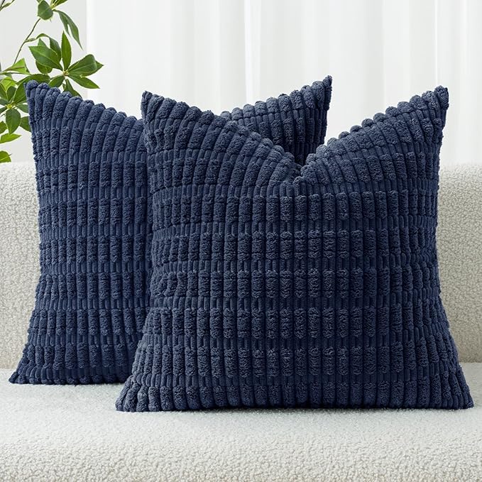 MIULEE Pack of 2 Corduroy Decorative Throw Pillow Covers 18x18 Inch Soft Boho Striped Pillow Covers Modern Farmhouse Home Decor for Summer Coastal Sofa Living Room Couch Bed Dark Blue