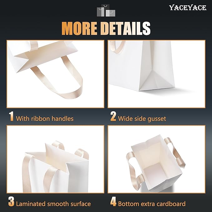 White Gift Bags with Handles, 10Pcs 5.25"x3.75"x8" Small White Paper Gift Bags with Ribbon Handles, Small Kraft Paper Shopping Bag, Party