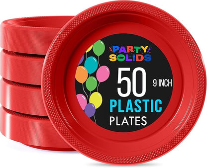 Exquisite Party Solids Red Plastic Plates For Party Supplies 9" Red Disposable Plates Heavy Duty 50 Pcs Plastic Dinnerware Sets Heavy Duty 350 GSM Disposable Dinnerware Set
