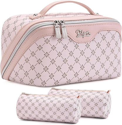 BOYATU Travel Makeup Bag Cosmetic Bags for Women: 3 Pcs Set Large Capacity Make up Bag with Handle - Vegan Leather Toiletry Bags with Compartments - Makeup Organizer for Travel Essentials(A-3-Pink)