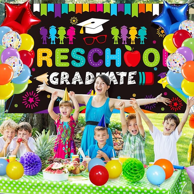 Oudain Kindergarten 2026 Graduation Party Decorations Kit Includes Preschool Graduation Backdrop and Balloon Garland for 2026 Pre Elementary Celebration Decoration Party Supplies(Black)