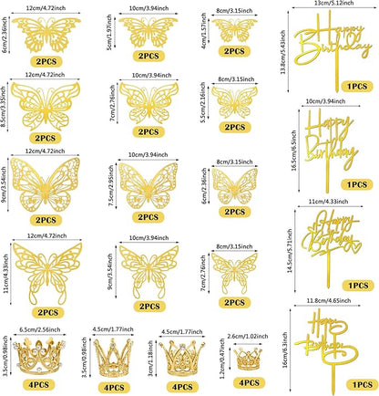 44 PCS Gold Crown Cake Decoration 16 PCS Mini Crown Tiny Crown with 24 PCS Butterfly Wall Decors and 4 PCS Birthday Cake Topper for Women Girl Crown Birthday Party Wedding Cake Decor