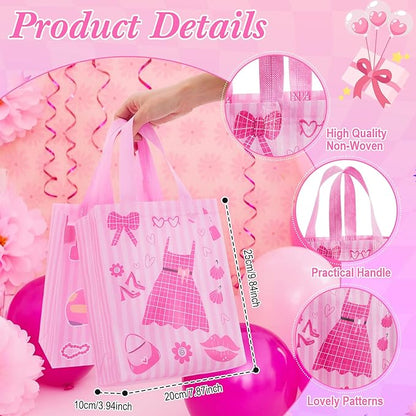Wesnoy 24 Pcs Pink Party Favor Bags with Handle Hot Pink Reusable Non Woven Goodie Bags Bulk Princess Party Favors for Bachelorette Birthday Decoration