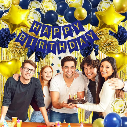ZERODECO Birthday Party Decorations for Men, Navy Blue Gold Happy Birthday Banner Pompoms Balloon Arch Fringe Curtain Party Décor for Men Boys Women Girls Party Decorations Kit