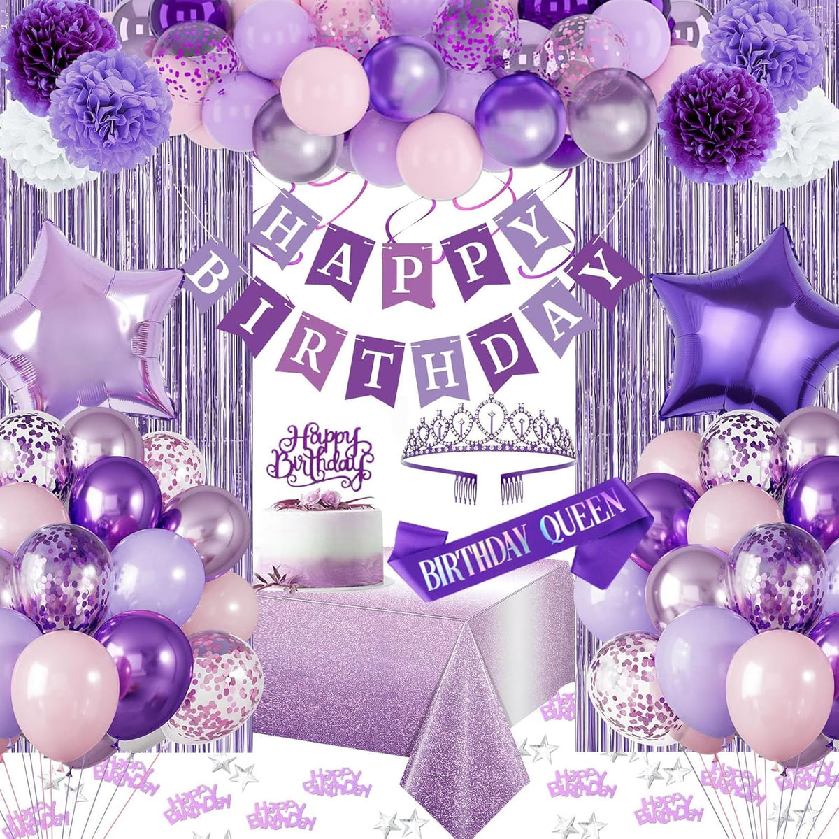 Purple Birthday Decorations, Purple Party Decorations with Balloons Happy Birthday Banner Bday Sash and Crown Tablecloth Fringe Curtain Paper Pom Poms for Women Girls Bday Decor