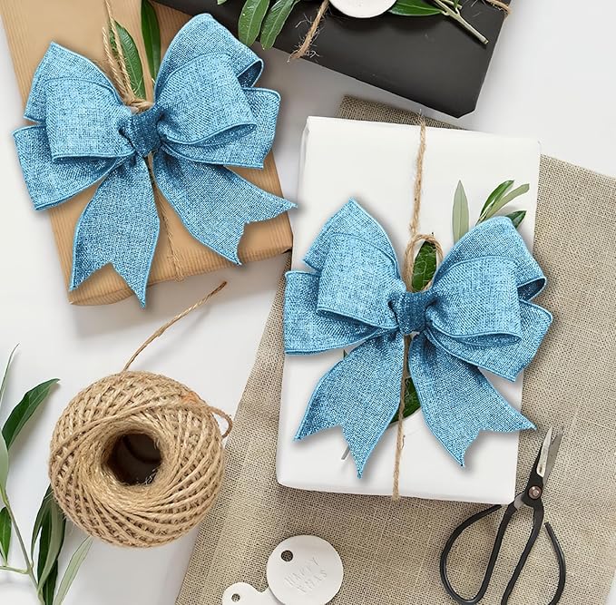 Blue Burlap Ribbon 1 inch x 10 Yard Natural Linen Woven Wired Ribbons DIY Handmade Edging Production Wreath Holiday Decoration Gift Ribbon for Gift Wrapping Light Blue Ribbons