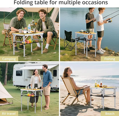 Anbte 2ft Camping Table Foldable, 3 Adjustable Heights High 27.5" Aluminum Small Folding Table with Carrying Handle, Portable, for Outdoor Indoor Picnic Beach BBQ Travel, 24" x 16", Light Oak Grain