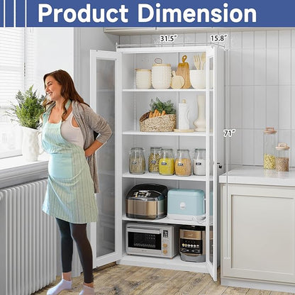Glass Display Cabinet With Doors, 4 Adjustable Shelves