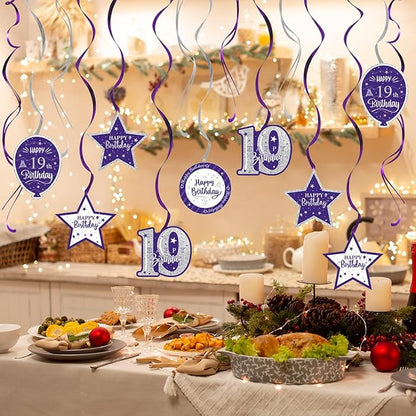 Happy 19th Birthday Purple & Silver Glitter Swirls Streamers Party Decorations - 15 Pcs 19th Birthday Hanging Swirls Streamers Kit,Cheers to Nineteen Years Old Bday Party Sign.