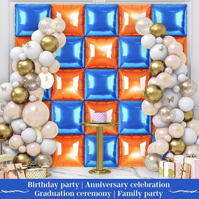 Orange and Blue Square Foil Balloons 25 Pcs Metallic Orange and Blue Balloons Wall Backdrop for New Year Graduation Birthday Bridal Shower Party Arch Backdrop Decorations