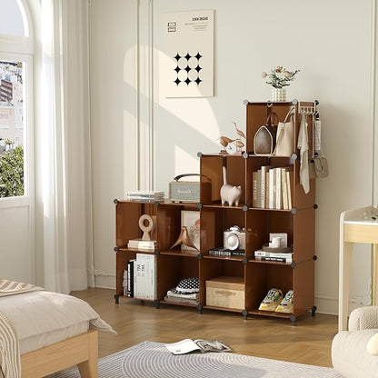 AWTATOS Cube Storage Organizer, Storage Cubes Shelves Bookshelf, 12 Cube Closet Organizers and Storage, DIY Stackable Plastic Clothes Organizer Shelving for Bedroom, Home, Cocoa Brown