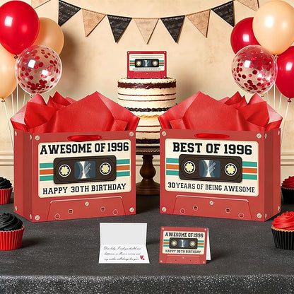 30th Birthday Gift Bag for Men Women Retro Tape 1996 Birthday Party Favor Bags with Tissue Paper and Greeting Card Vintage Cassette 30 Years Old Gift Wrapping Bag Decorations for Mom Dad Friends Gifts