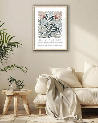 EcoHest Bible Verse Floral Framed Wall Art, 12x16 in OAK Wood Boho Abstract Flowers Canvas Wall Art, Galatians 2:20 Home Decor, Beige Logs Boho Christian Set of 1 for Bedroom Living Room