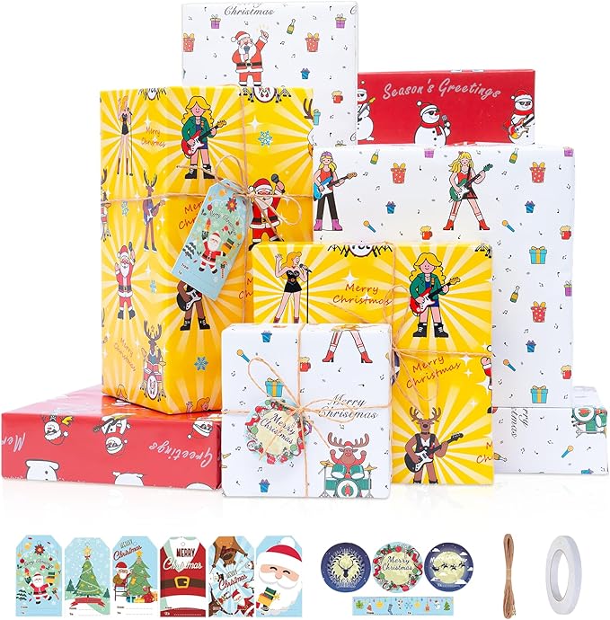 Larcenciel Music Christmas Gift Wrapping Paper Set with Xmas Gift Tags Twine & Tape, 6 Sheets Colorful Holiday Wrapping Paper, Rock Santa Snowman and Reindeer Design for Boy, Girly, Coworker, Friends