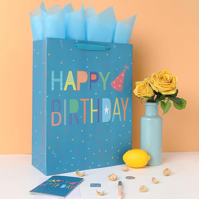 Qirrmiy 16.5" Extra Large Happy Birthday Gift Bag Set with Handles, Greeting Card, Blue Tissue Papers and Stickers for Boys Teens for Baby, Kid's Birthday Party, Newborn, Cute Design, 1 Pcs