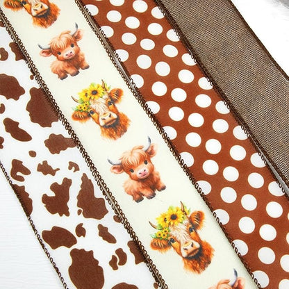 Summer Fall Highland Cow Print Ribbons Wired Edge, 4Rolls, 2.5inch X 20Yards, Brown and Dots Gift Wrapping Ribbons, Home Decor, DIY Crafts, Party Favor, Floral Arrangement Wreath Bow (Brown)