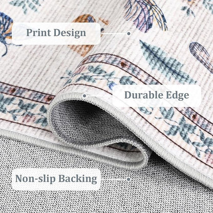 5x7 Washable Mushroom Floral Small Rug Non Slip Living Room Vintage Area Rug Low Pile Soft Bedroom Rugs Non Shedding Kitchen Rugs Boho Retro Indoor Carpet for Kids Nursery Room, Beige