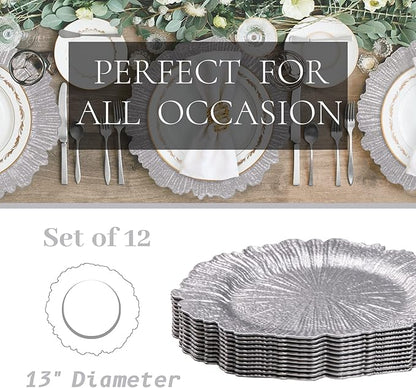 MAONAME Silver Charger Plates Set of 12, Reef Plate Chargers for Dinner Plate, Plastic Decorative Plates for Table Setting, Thanksgiving, Christmas