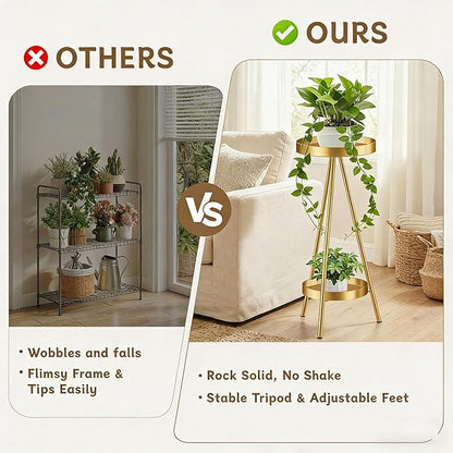2 Tier Tall Plant Stand Indoor, 31.5" Gold Metal Modern Corner Flower Holder with Round Trays,Heavy Duty for Small Space, Bedroom & Balcony