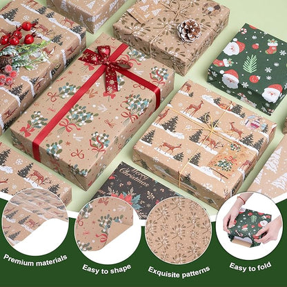 Larcenciel Christmas Gift Wrapping Paper Set, 6 Sheets with Tags, Stickers, Twine and Tape, Classic Holiday Kraft Wrapping Paper, Green Brown Elegant Xmas Gift Wraps for Girly, Boys, Coworker, Friends