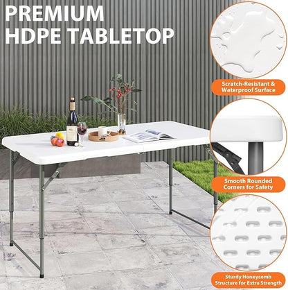 4 Foot Folding Table Adjustable Height 22-30 Inch, Heavy Duty Fold in Half Plastic Table with Steel Legs, Portable Indoor Outdoor Table for Picnic, Camping, Dining, Party