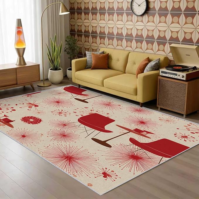 50s Retro Rug Square 8x8 60s 70s Mid Century Modern Pattern Area Rugs for Living Room, Bedroom, 50s Retro Home Decor Accessories Indoor Carpet, Non Slip & Machine Washable