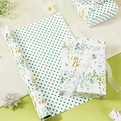 WERNNSAI Green Sage Wrapping Paper - 1 Roll 17”x 33 ft Baby Shower Wrapping Paper Green Flower Gift Packing Supply Wedding Bridal Shower Wrap Decor Favor for Baby Girls Birthday Festival Party