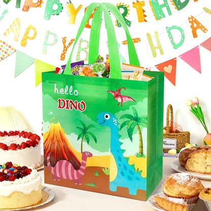 Pinsit 40 PCS Colorful Dinosaur Party Favor Bags, Non Woven Dinosaur Goodie Bags, Dinosaur Themed Reusable Gift Bags with Handles for Boys Girls Birthday Baby Shower Party Supplies