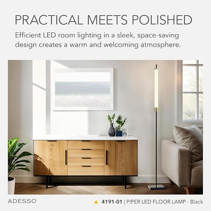 Adesso LED Floor Lamp – Black with Antique Brass and Frosted Shade, 4-Way Brightness, 12W Integrated LED Accent Light for Living Room, Bedroom, and Home Office, 72” Tall
