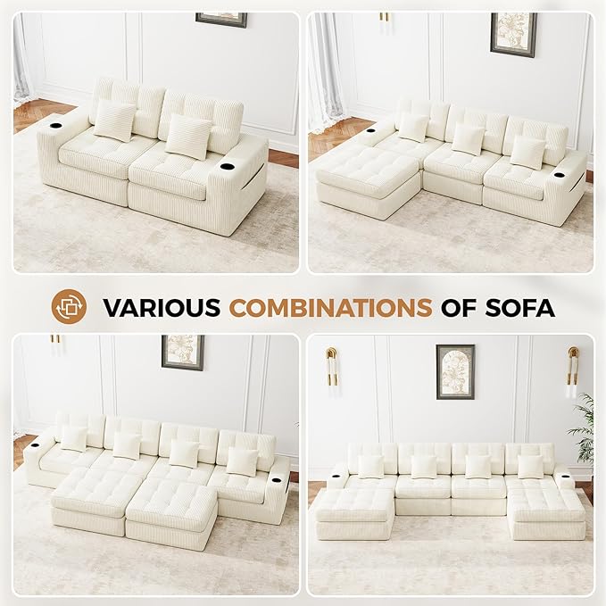 144" U Shaped Cloud Boneless Couch,Modern Modular Sectional Sofa with Layered Cushion,No Assembly Convertible Corduroy Couches for Living Room,Beige 1 PCS