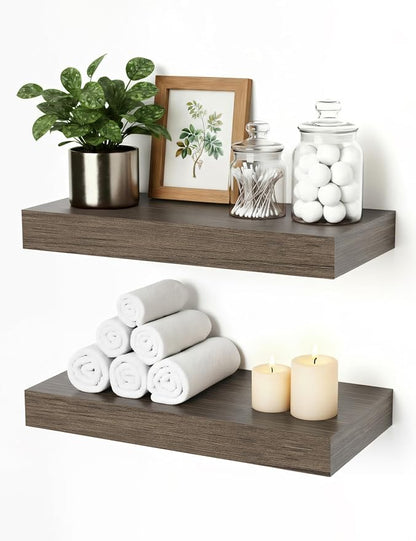 Floating Shelves for Wall, Bathroom Shelves Over Toilet, Wall Shelves & Book Shelf, Hanging Shelf, Modern Wooden Wall-Mounted Samll Floating Shelves, 12x7x1.5 in (Smoke-Gray, Set of 2)