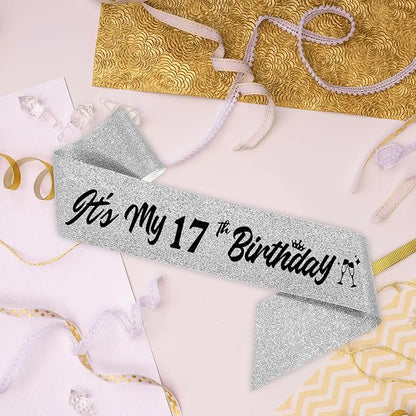 It's 17th My Birthday Sliver Sash - Sparkling Happy 17th Birthday Satin Sash for Girl - 17 Years Old Party Decorations