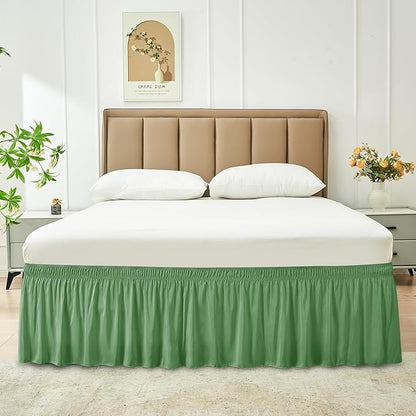 Biscaynebay Wrap Around Bed Skirts for Queen Beds 17" Long Drop, Sage Adjustable Elastic Dust Ruffles Easy Fit Wrinkle Resistant Silky Luxurious Fabric Machine Washable