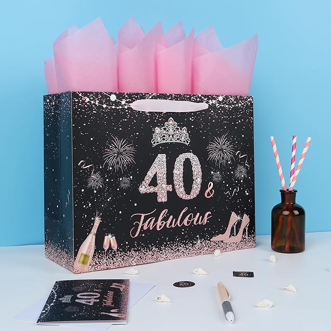 wishinside 13'' Large 40th Birthday Gift Bag Set with Handles, Greeting Card, Pink Tissue Papers and Stickers for 40 Year Old, Her, Women, Sister, Daughter, Best Friend, Tiara Design, 1 Pcs