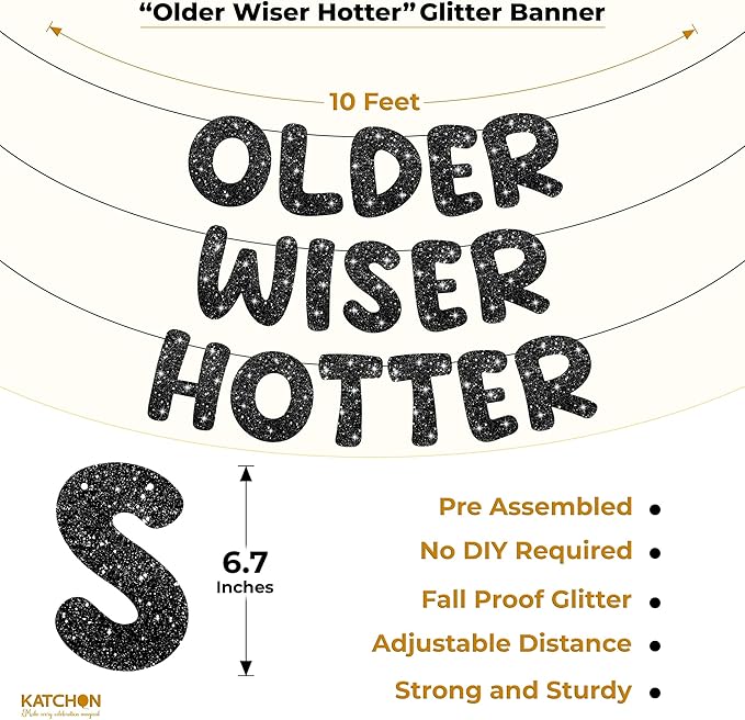 KatchOn, Happy Birthday Decorations Set - Pack of 50 | Older Wiser Hotter Banner, Latex Balloons Arch Kit, Gold Foil Fringe, Star, Round, Heart Foil Balloons | 40th Birthday Decorations for Women, Men