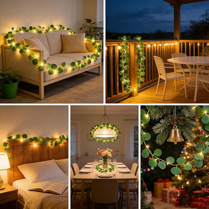 Artificial Eucalyptus Leaves Foliage String Lights 6.6Ft 20 LED Fairy Leaf Lights Warm White Greenery Vines Garland and Table Runner, Battery Operated Wedding Backdrop Wall Decor
