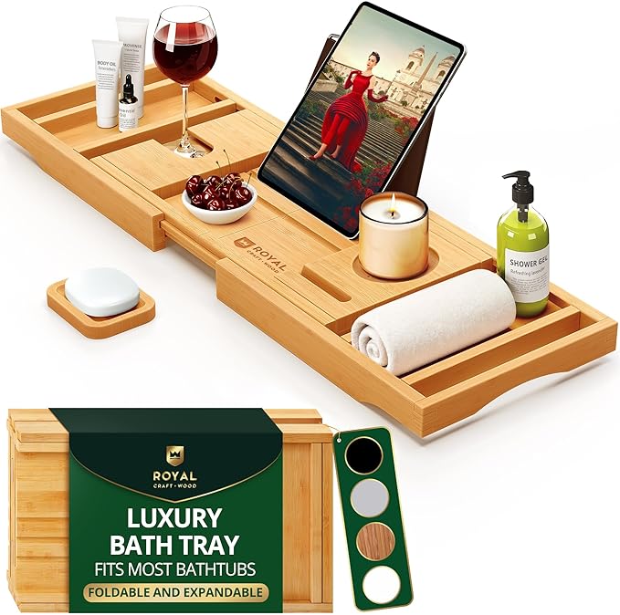 ROYAL CRAFT WOOD Premium Foldable Bathtub Tray Caddy - Wood Bath Tray for Tub, Bamboo Shelf, Expandable Bath Table Trays, Bathtub & Bathroom Accessories for New Home & Mothers, Birthday Gifts for Mom